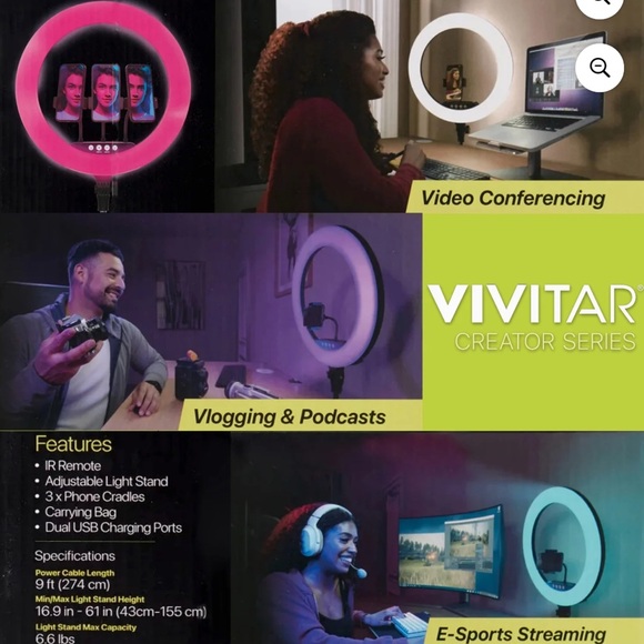 Vivitar 18" LED RGB Ring Light Tripod Holder USB Charging Ports Wireless… - Picture 4 of 6